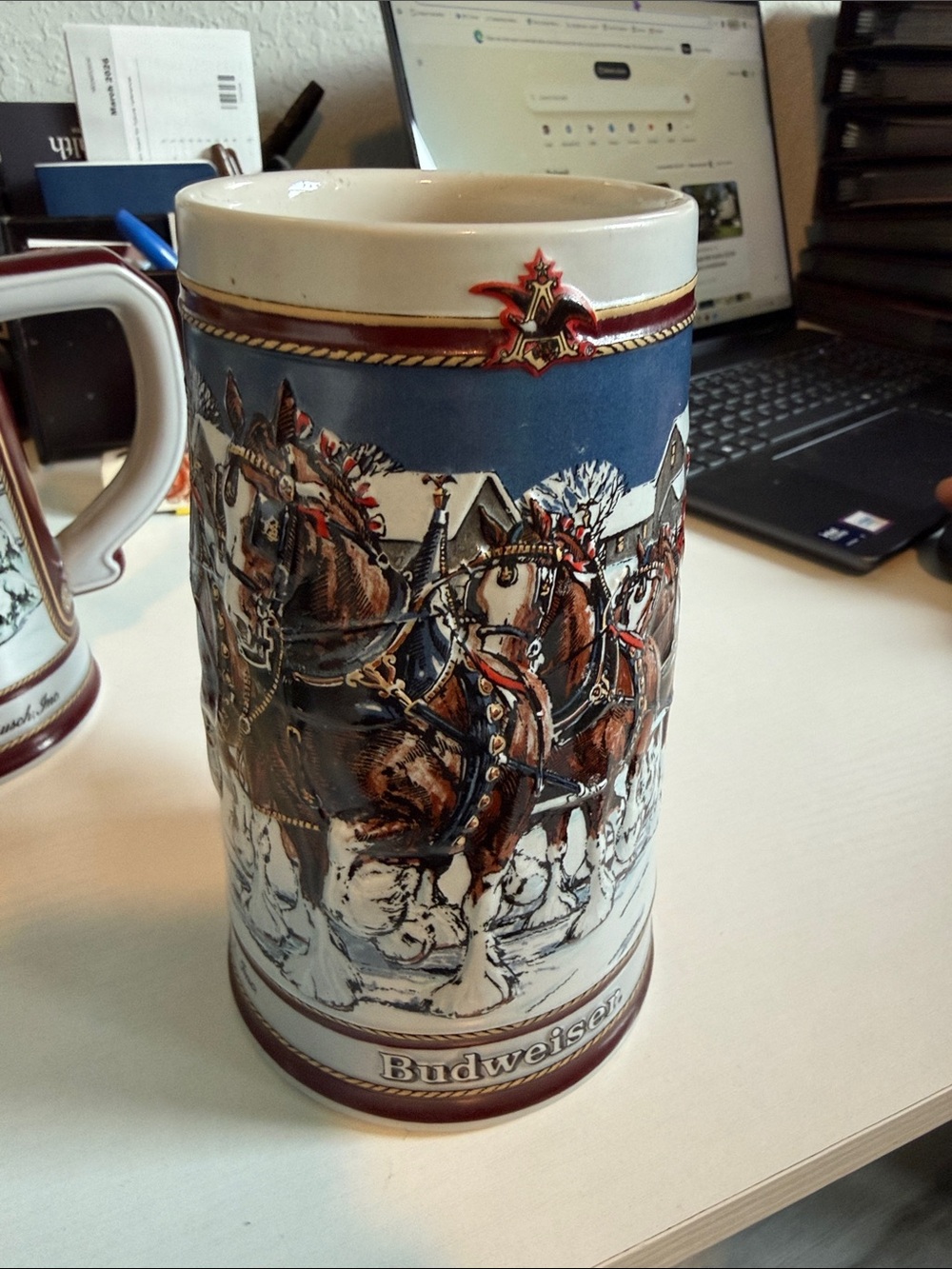 Holiday Clydesdale Ceramic Beer Stein - White and Blue - Picture 2 of 6